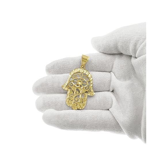 Hamsa Fatima Hand Pendant Real 10k Gold Charm 1.8" - Picture 2 of 3